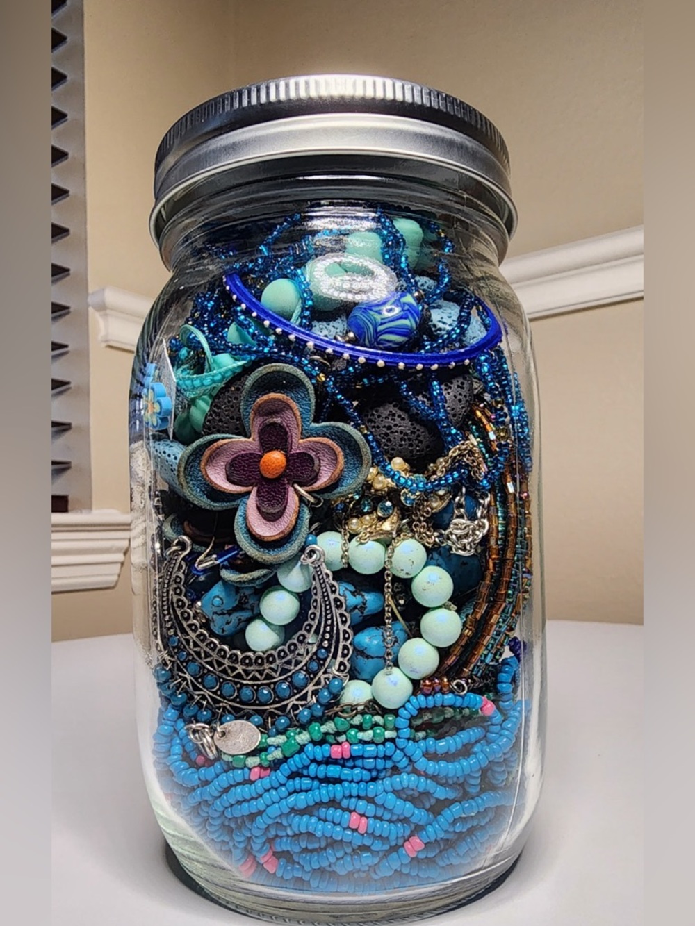 Large Green and Blue Mystery Jewelry Jar